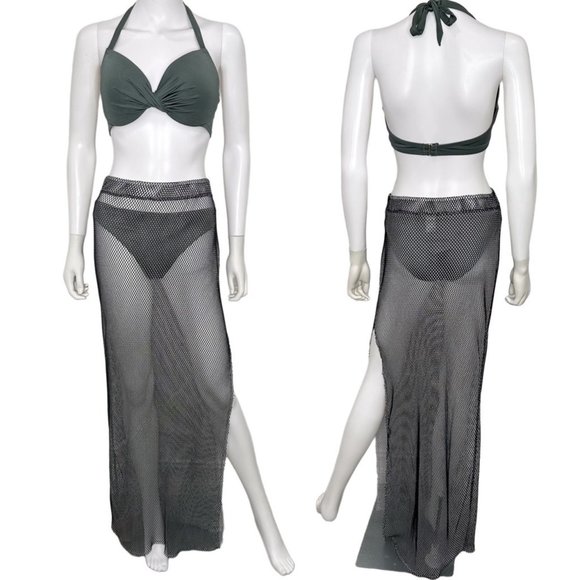 Jade Swim Mesh Open Knit Maxi Skirt with High Slit Black & White Womens Size M/L - Picture 1 of 16